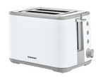 White and grey toaster with two slots and control buttons on the side.