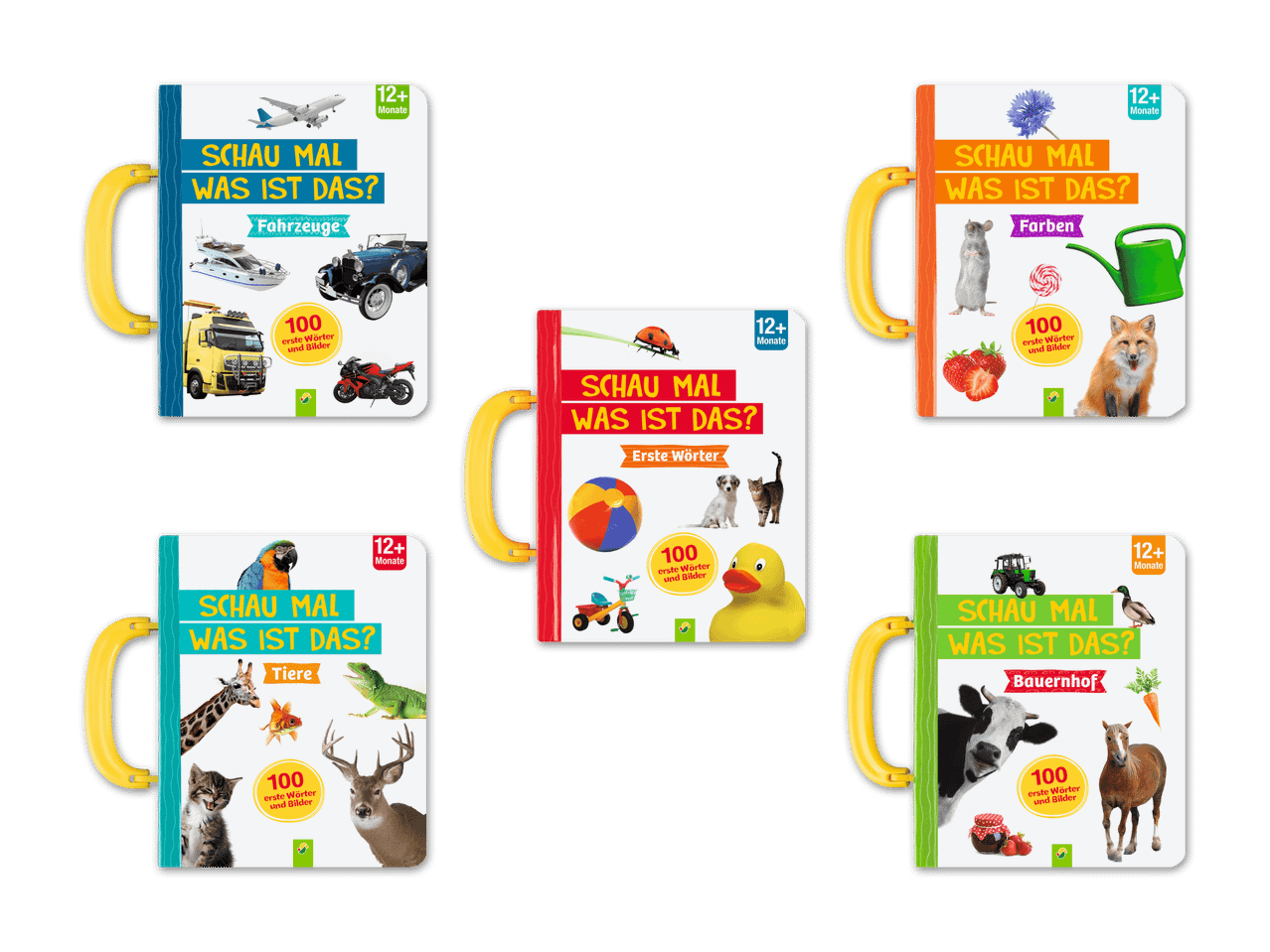 Fünf farbenfrohe Kinderbücher mit Tier- und Fahrzeugmotiven.