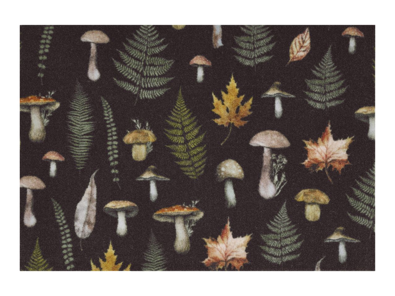 Dark background with a pattern of mushrooms, ferns, and autumn leaves.