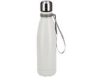 White insulated water bottle with a silver cap and a gray strap.