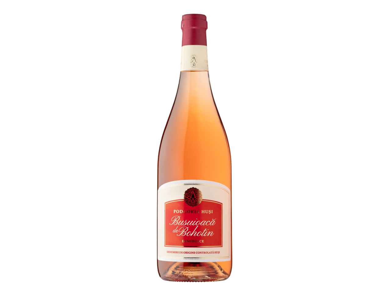 O sticlă de vin roze Podgoria Huși Busuioacă de Bohotin, demidulce.