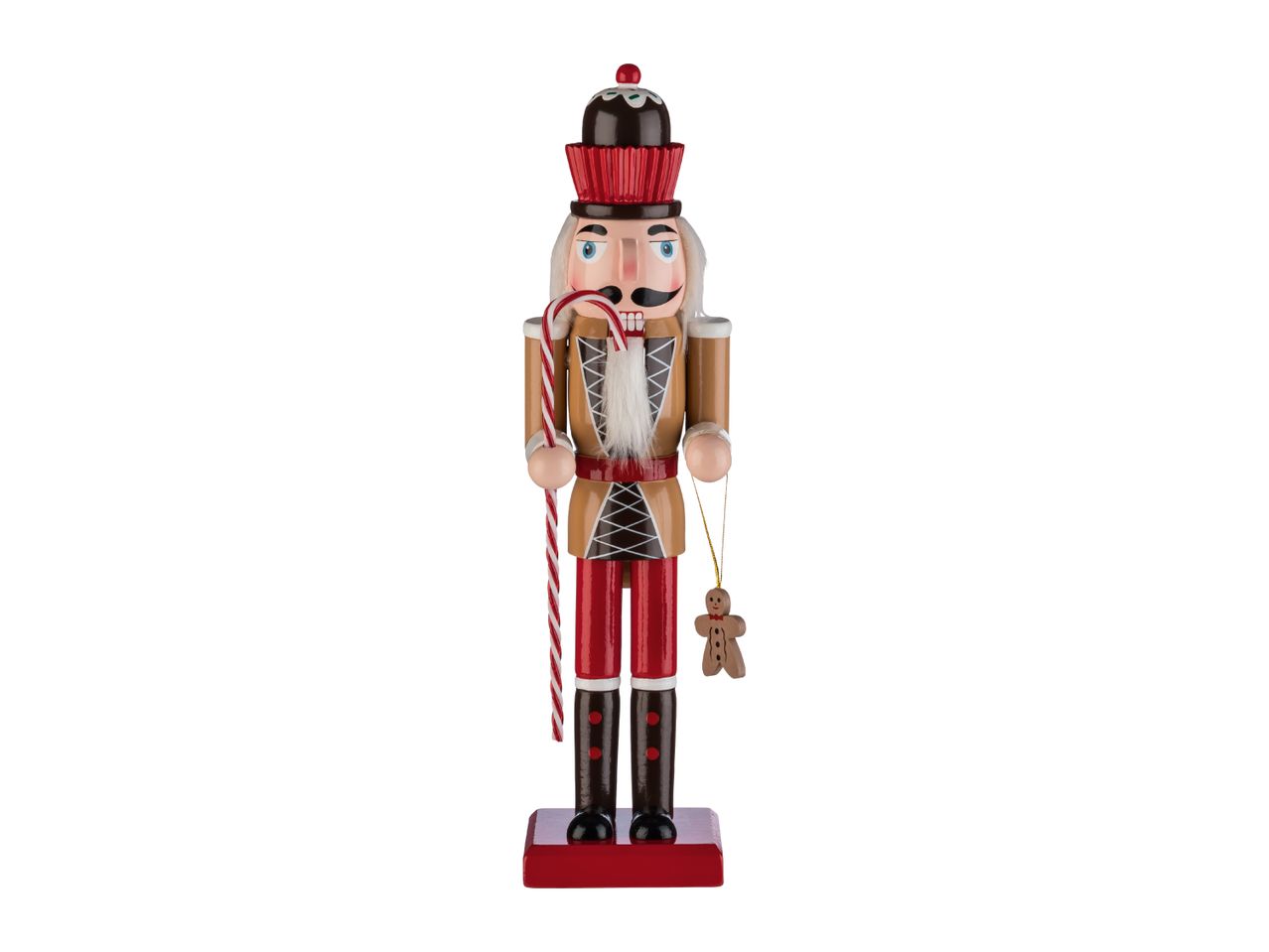 Nutcracker figurine with a candy cane and gingerbread man ornament