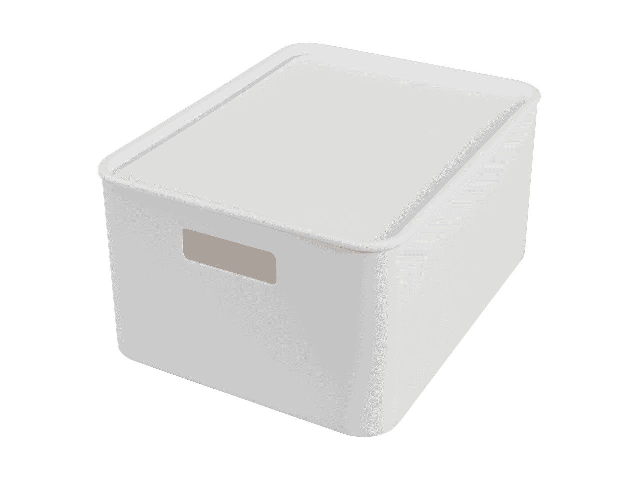 Trois boîtes de rangement blanches avec couvercles, dont deux avec poignées intégrées.
