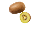 Twee gouden kiwi's, één heel en één gehalveerd, op een zwarte achtergrond.