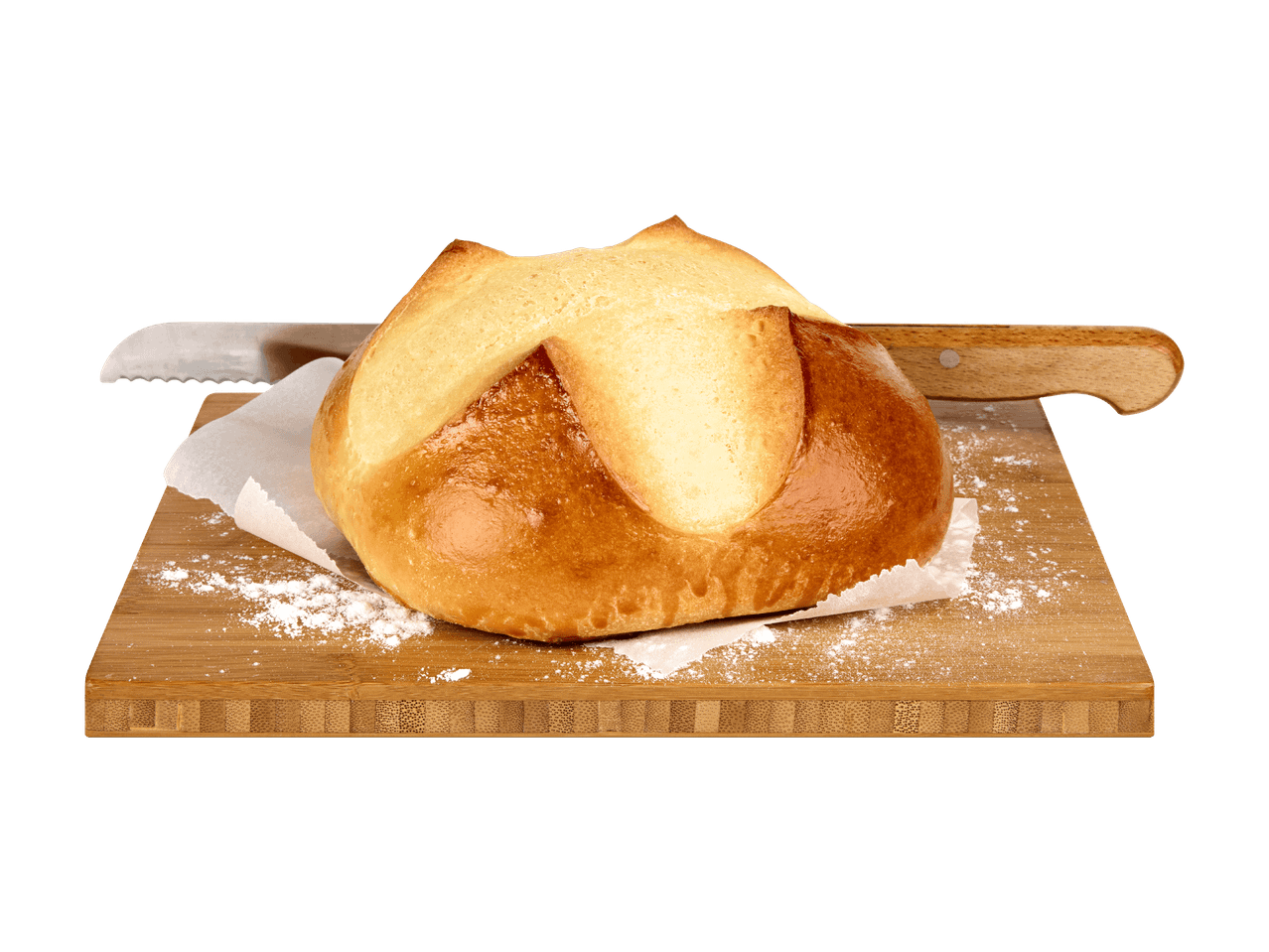 Pane rotondo con coltello e farina su tagliere di legno.