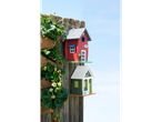 Zoofari® Vogelhäuser in Rot und Grün, neben einem vertikalen Erdbeerpflanzer.