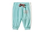 Light blue Looney Tunes baby sweatpants with white side stripes and a brown drawstring.