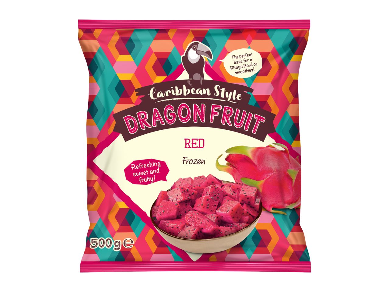 Frozen red dragon fruit in a bag, with text 'Caribbean Style Dragon Fruit' and '500ge'.