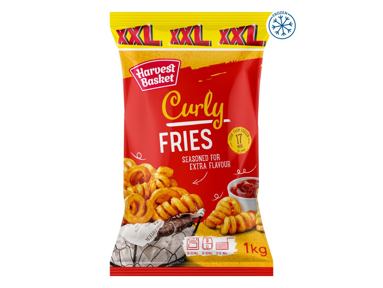 A bag of Harvest Basket Curly Fries, seasoned for extra flavor, 1kg.