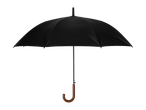 A black umbrella with a wooden handle, open and centered against a black background.