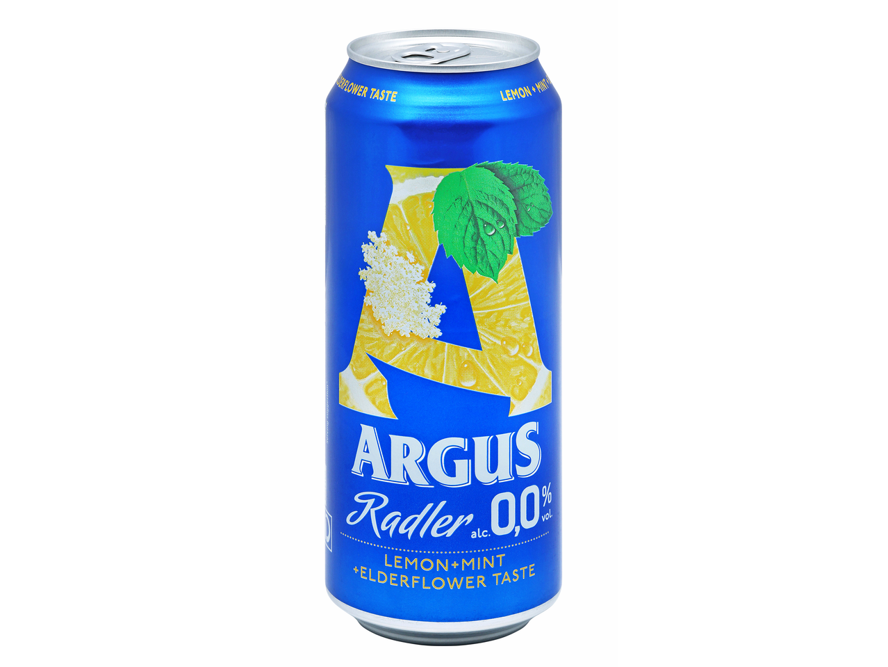 Pločevinasta pijača Argus Radler okus limone, mete in bezga 0,0%