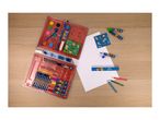 A children's art set with crayons, markers, and paper.