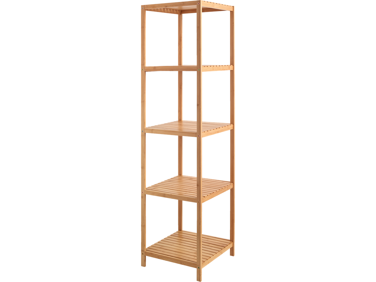 Een hoge, lichtbruine bamboe plank met vier planken.