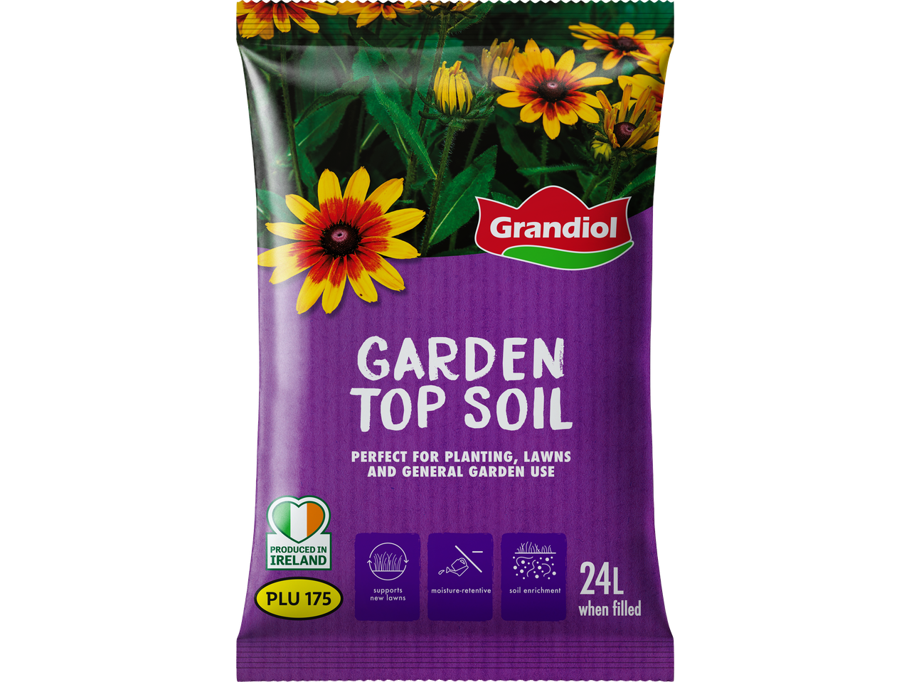 Garden top soil bag with flowers, stating 'Perfect for planting, lawns and general garden use' and '24L when filled'.