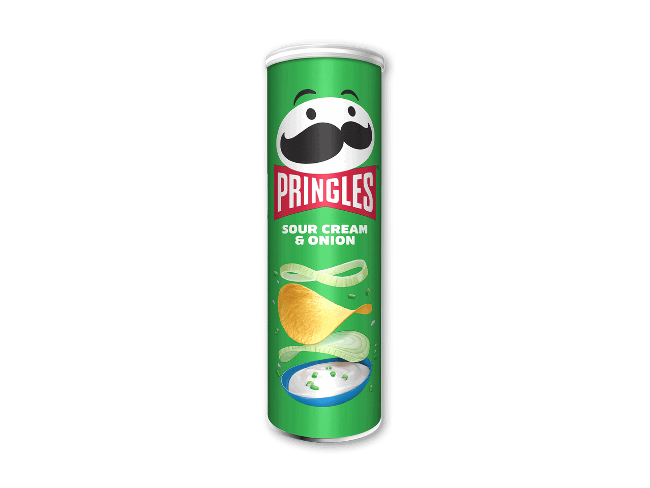 Grøn rørformet emballage med en chip, løg og en skål creme fraiche.