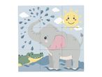 Children's puzzle with an elephant spraying water on a crocodile under a smiling sun.