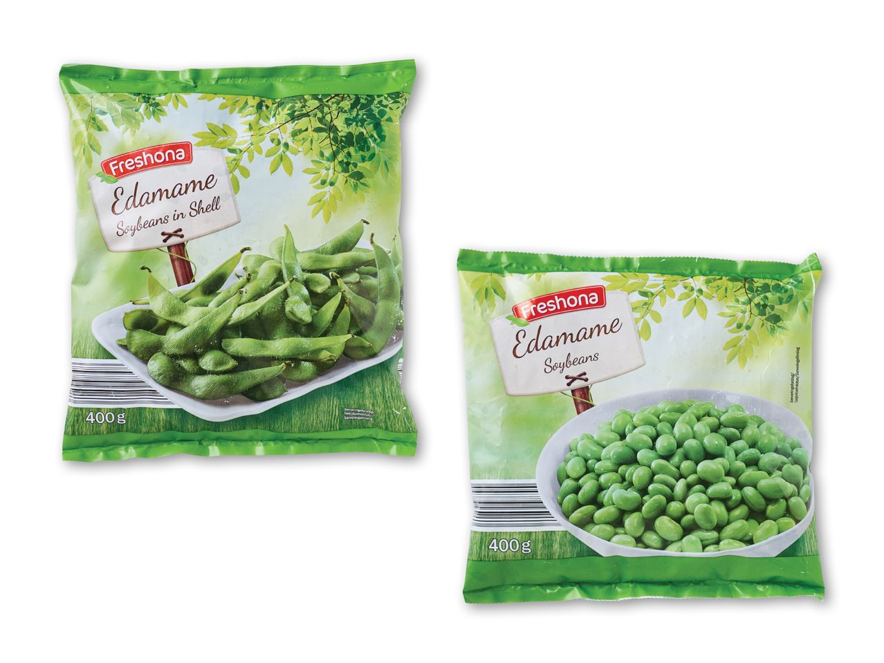To poser frosne edamame bønner fra Freshona, en med og en uden skal.