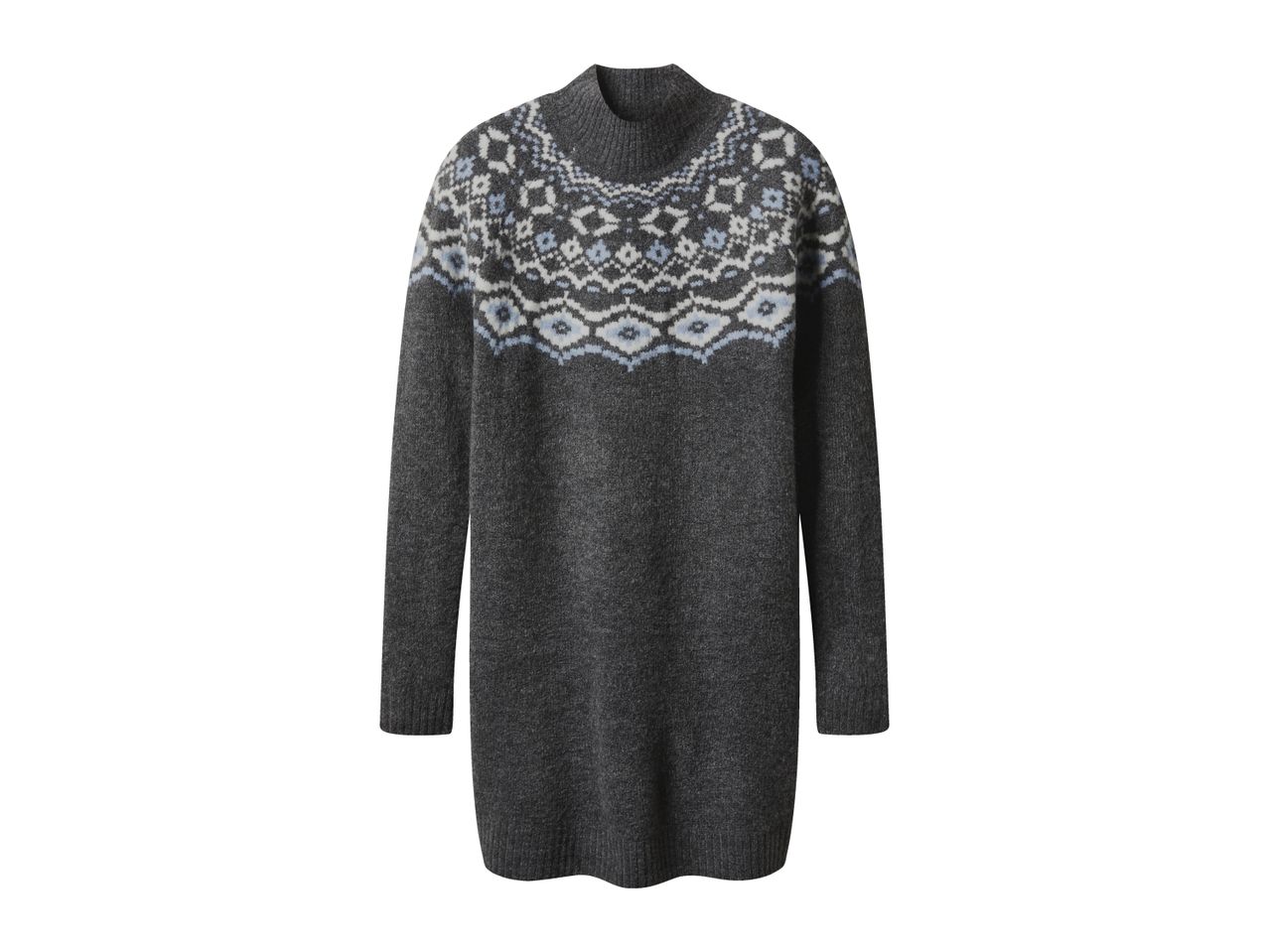 Gray sweater dress with a Fair Isle pattern in white and light blue