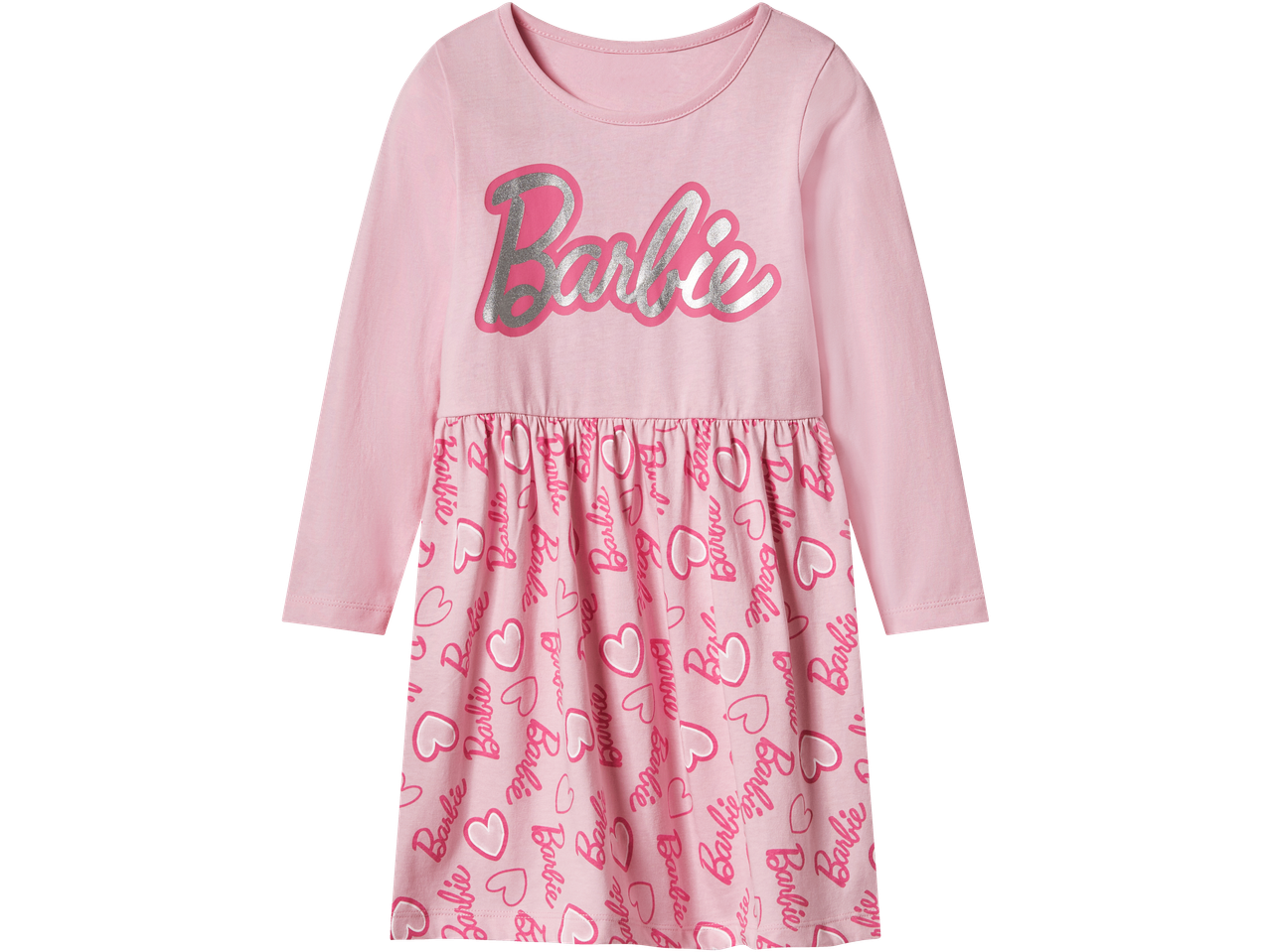 Rožinė ilgomis rankovėmis Barbie suknelė su sidabro blizgučių logotipu ir širdelių raštu