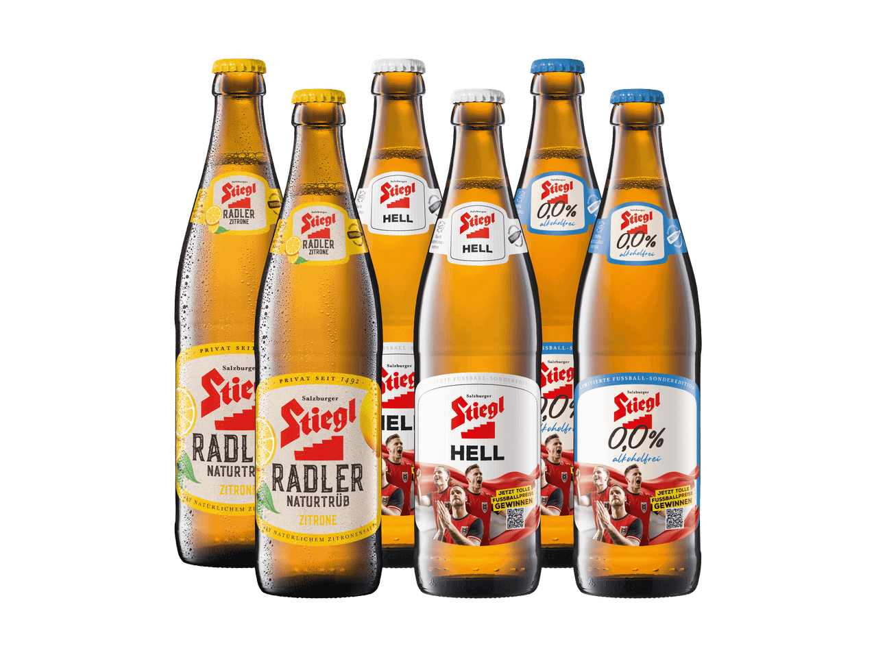 Sechs Flaschen Radler Zitrone, Helles Bier und alkoholfreies Bier mit Fußball-Sonderedition.