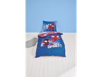 Spider-Man bedding set featuring a blue duvet cover and pillow with cartoon Spider-Man characters.