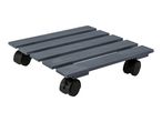 Grey wooden plant caddy with four black wheels