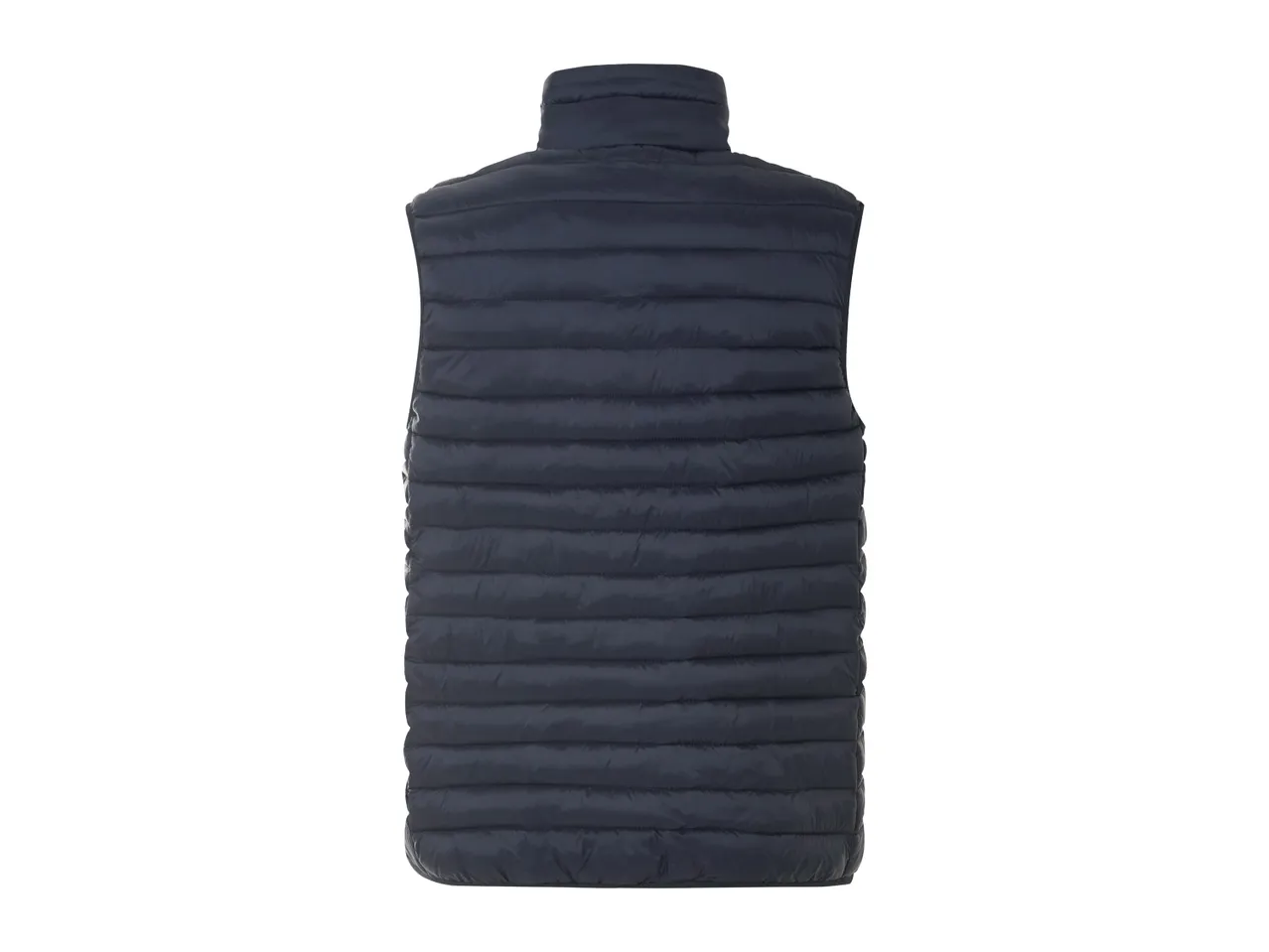 Dark blue puffer vest with a high collar, seen from the back.
