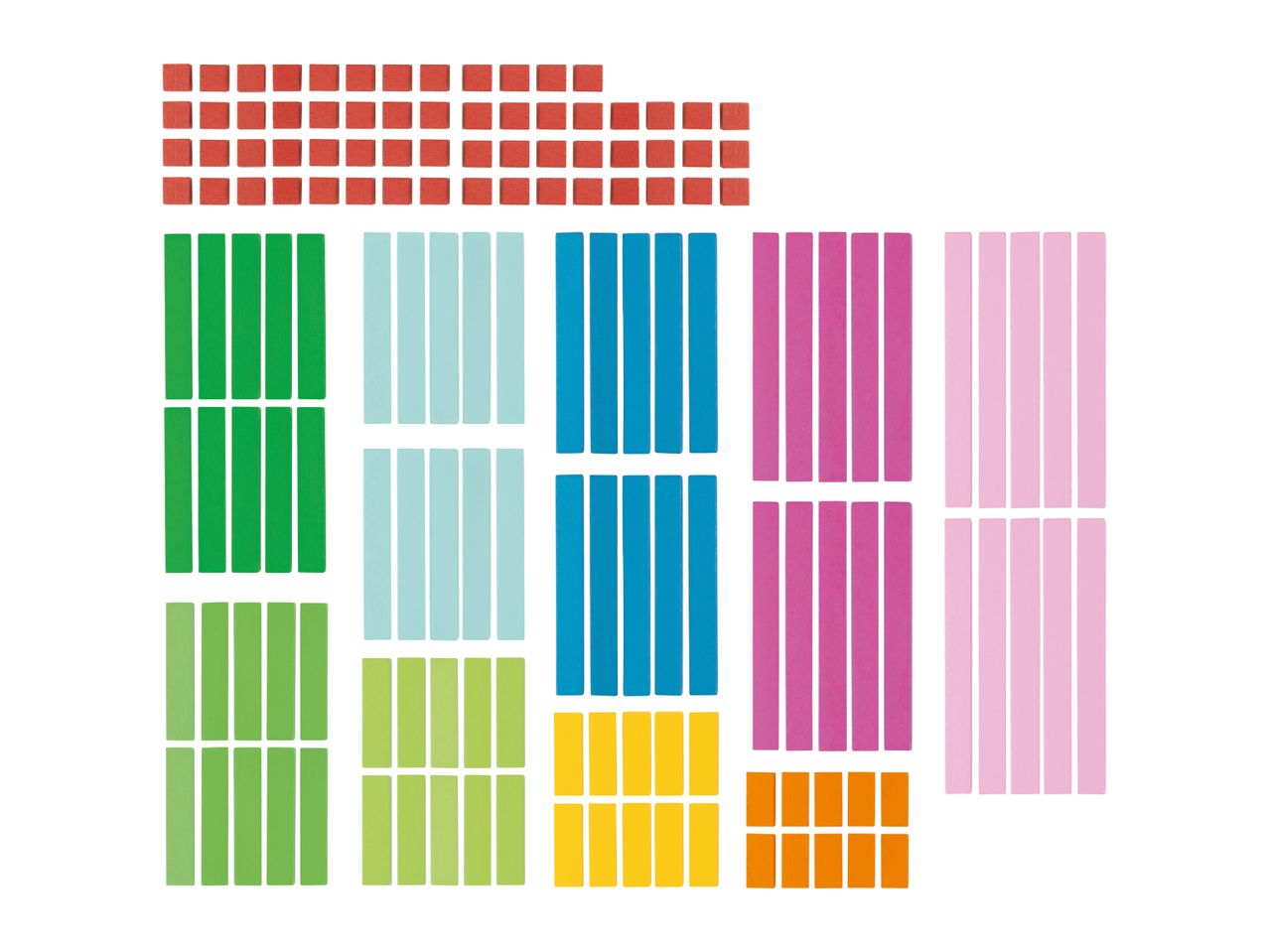Colorful wooden blocks and sticks in various sizes, arranged in rows and columns.
