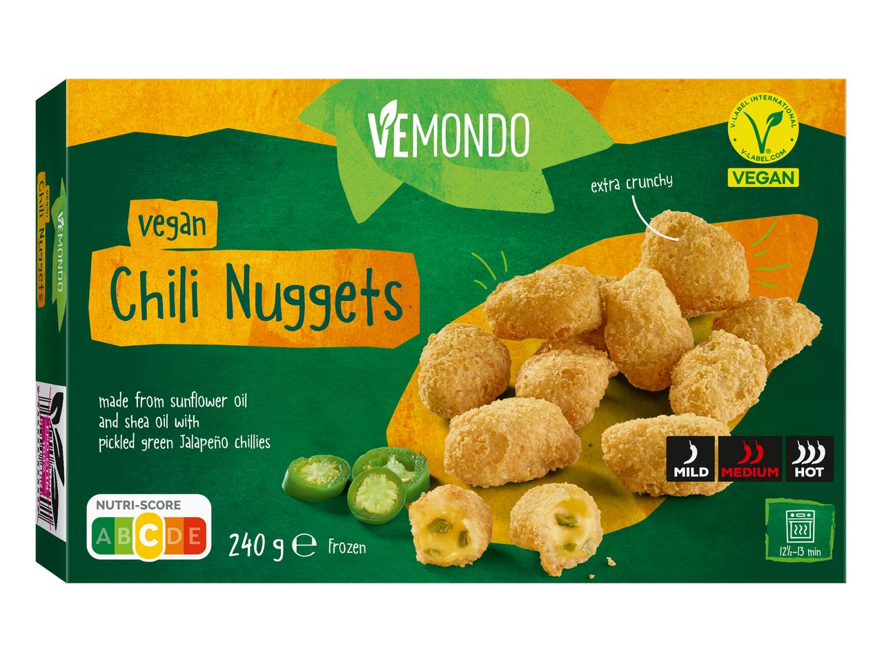 Vemondo Vegan Chili Nuggets, extra knapperig, gemaakt met zonnebloem- en shea-olie, 240g diepvries.