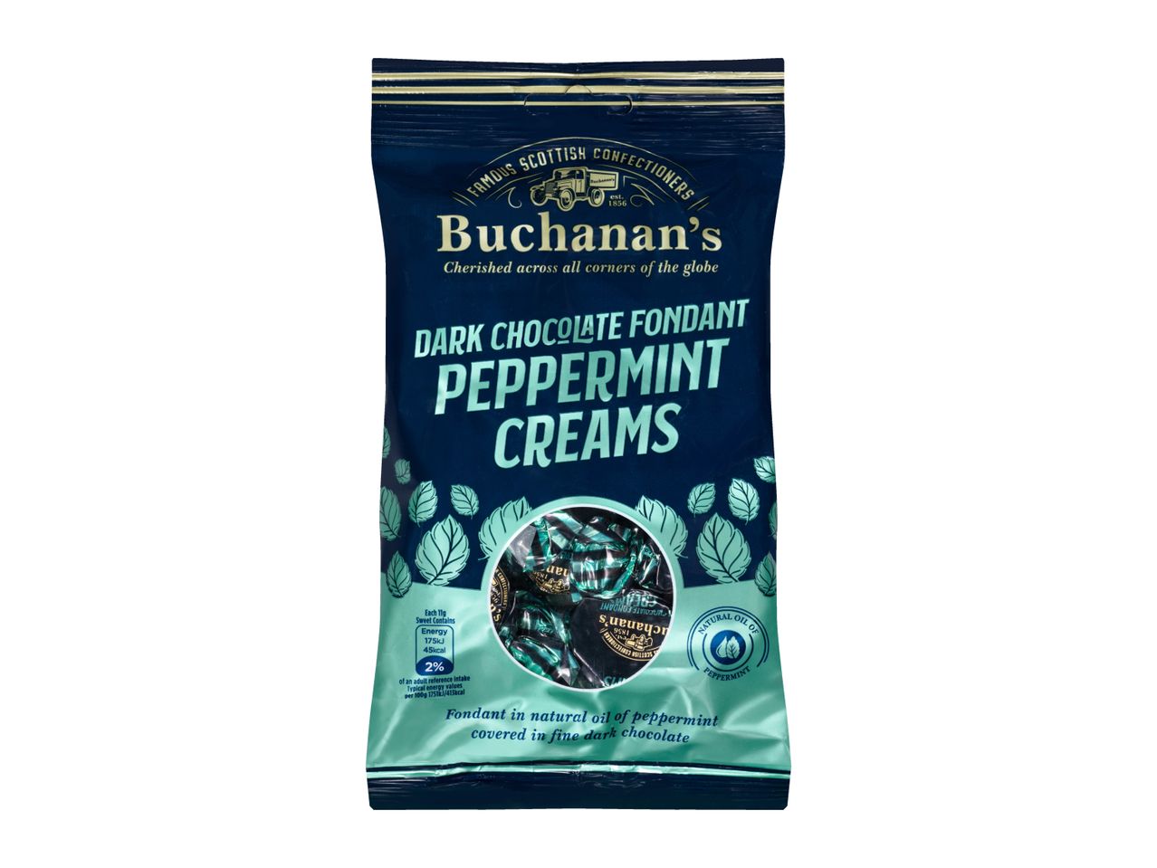 Dark chocolate fondant peppermint creams in a blue and green bag.