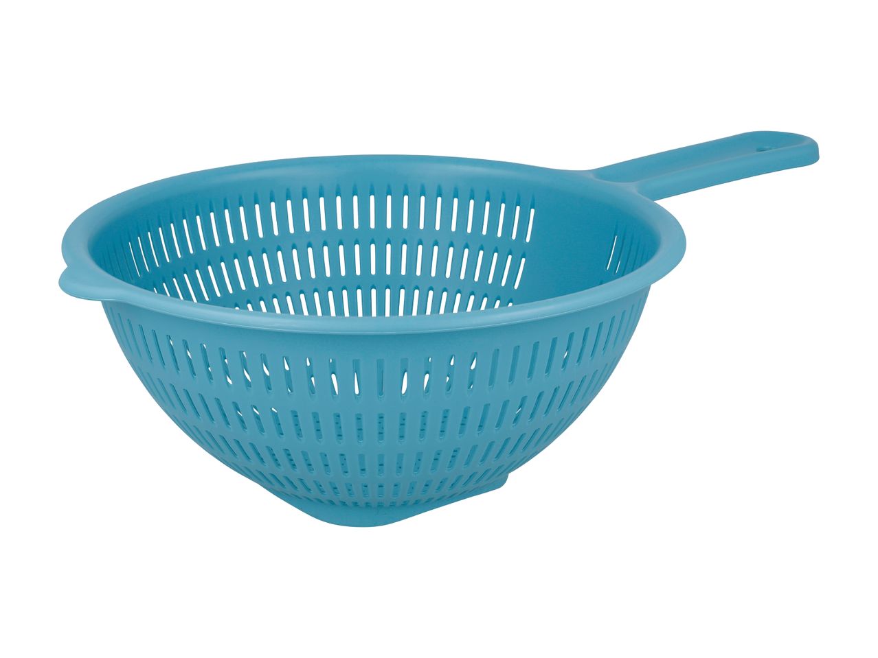 A light blue plastic colander with a handle on a white background.
