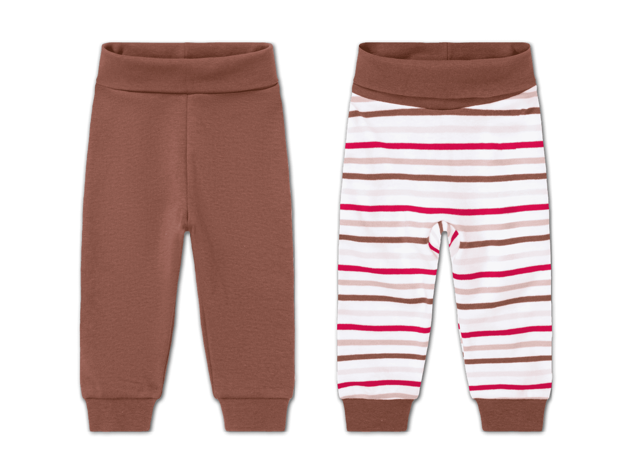 Zwei Babyhosen: eine braune und eine gestreifte in Weiß, Braun und Rot