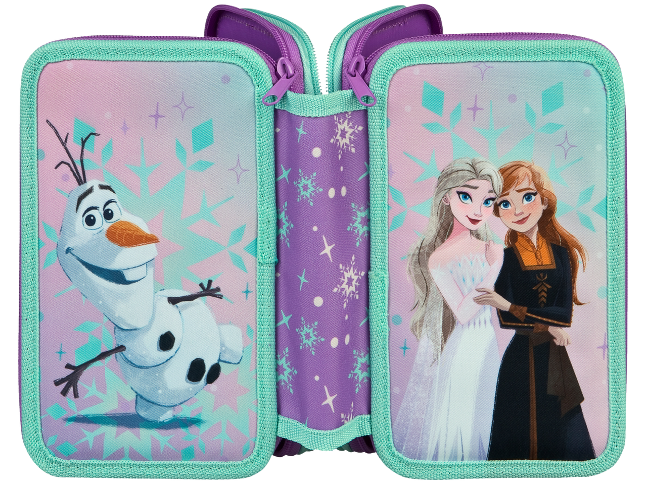 Double pencil case featuring Frozen's Olaf, Anna, and Elsa.