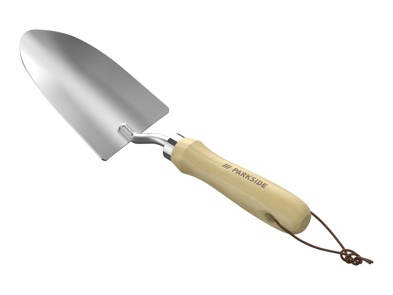 Garden trowel with a wooden handle and metal blade