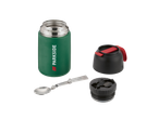 Green Parkside thermos with a folding spoon and disassembled lid components.