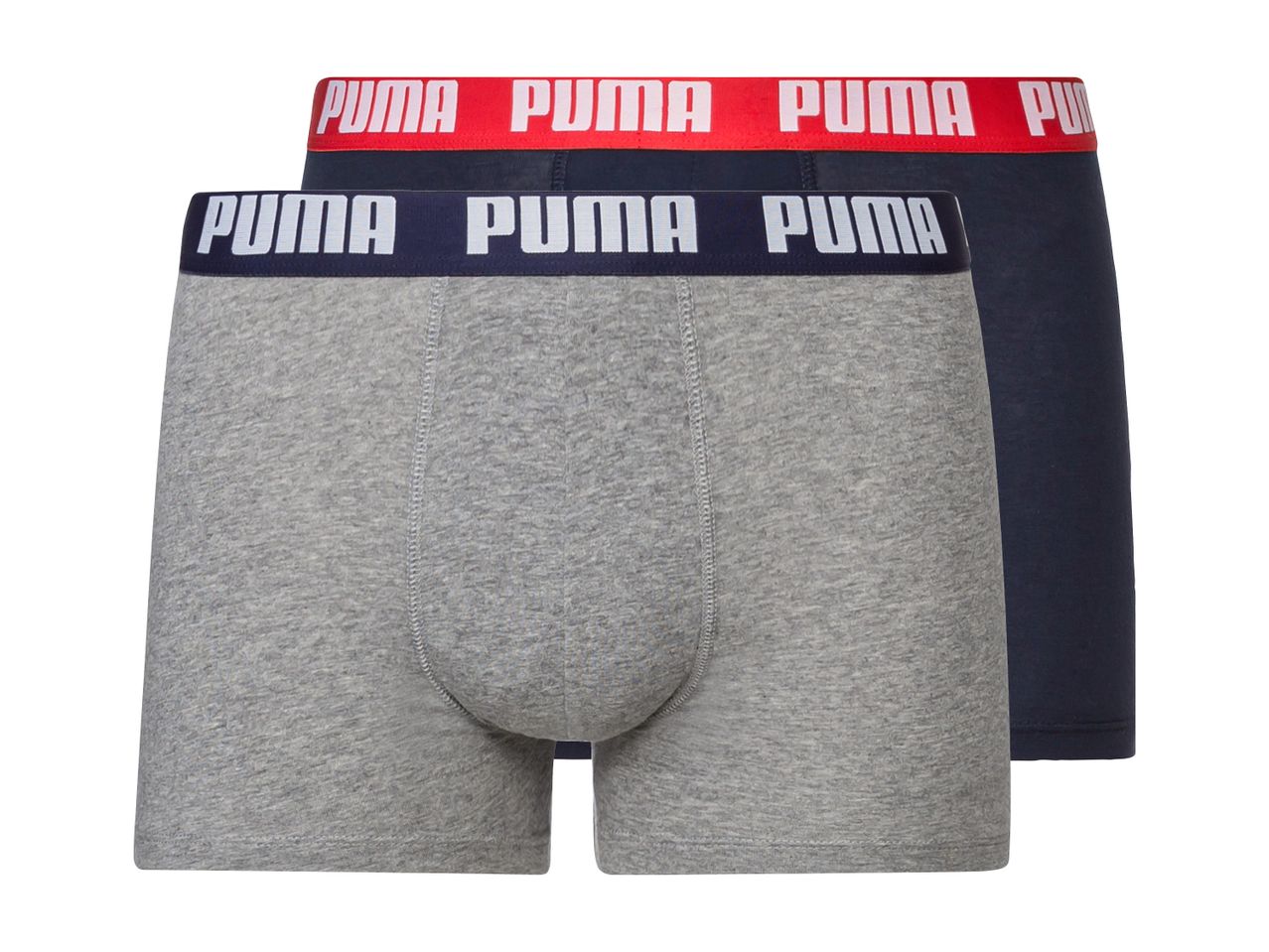 Due boxer Puma da uomo, uno grigio e uno blu scuro.