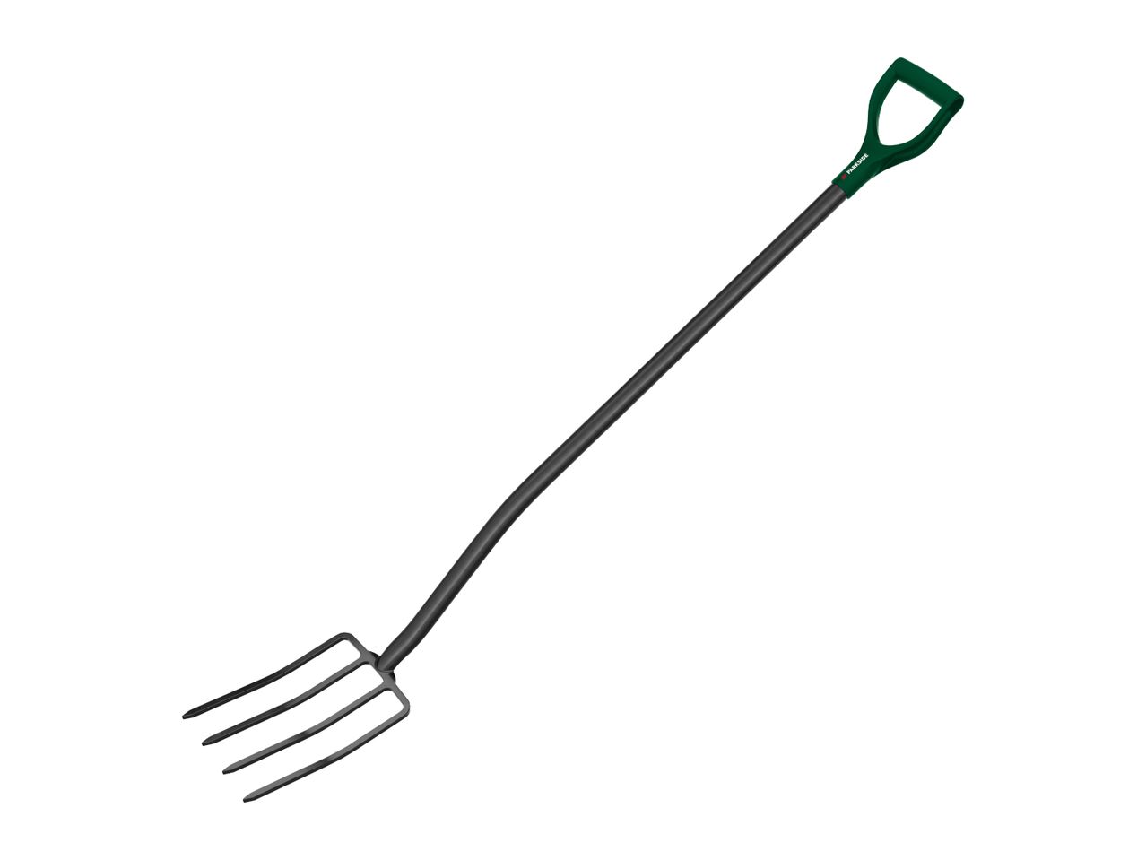 A garden fork with a green D-handle and a black shaft and tines.