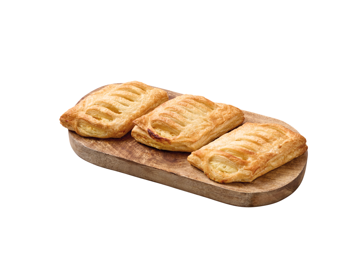 Trīs zeltaini brūnas siera smalkmaizītes uz koka dēļa.