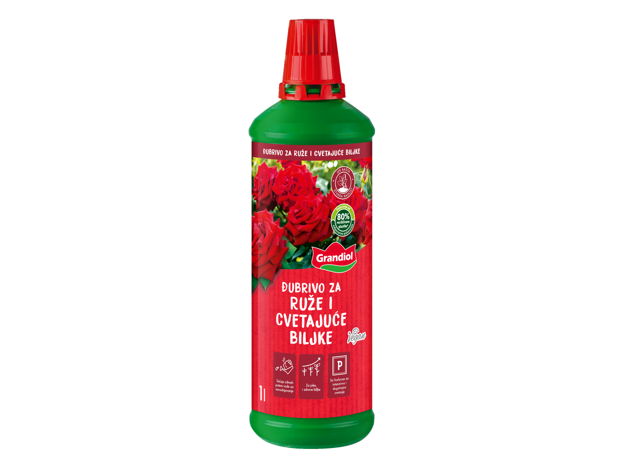 Tečno đubrivo za ruže i cvetnice, 1L, sa 80% reciklirane plastične ambalaže.