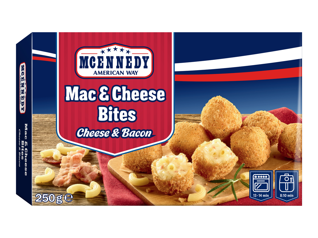 MCENNEDY Mac & Cheese Bites with Cheese & Bacon, 250g packaging.