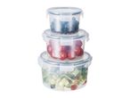Three stackable clear plastic food storage containers with various contents.