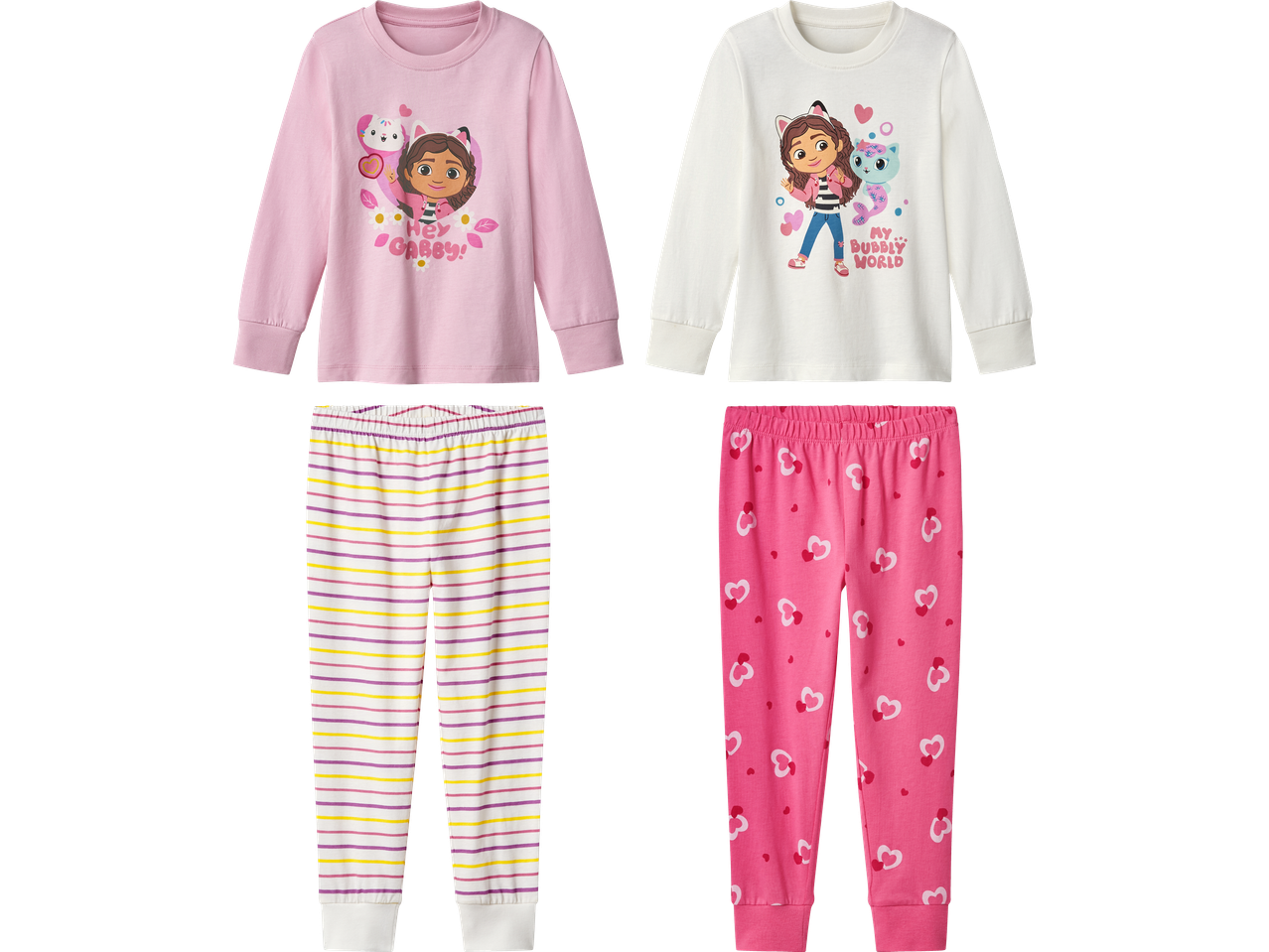 Två pyjamasset med långärmade tröjor och byxor, med Gabby's Dollhouse-motiv.