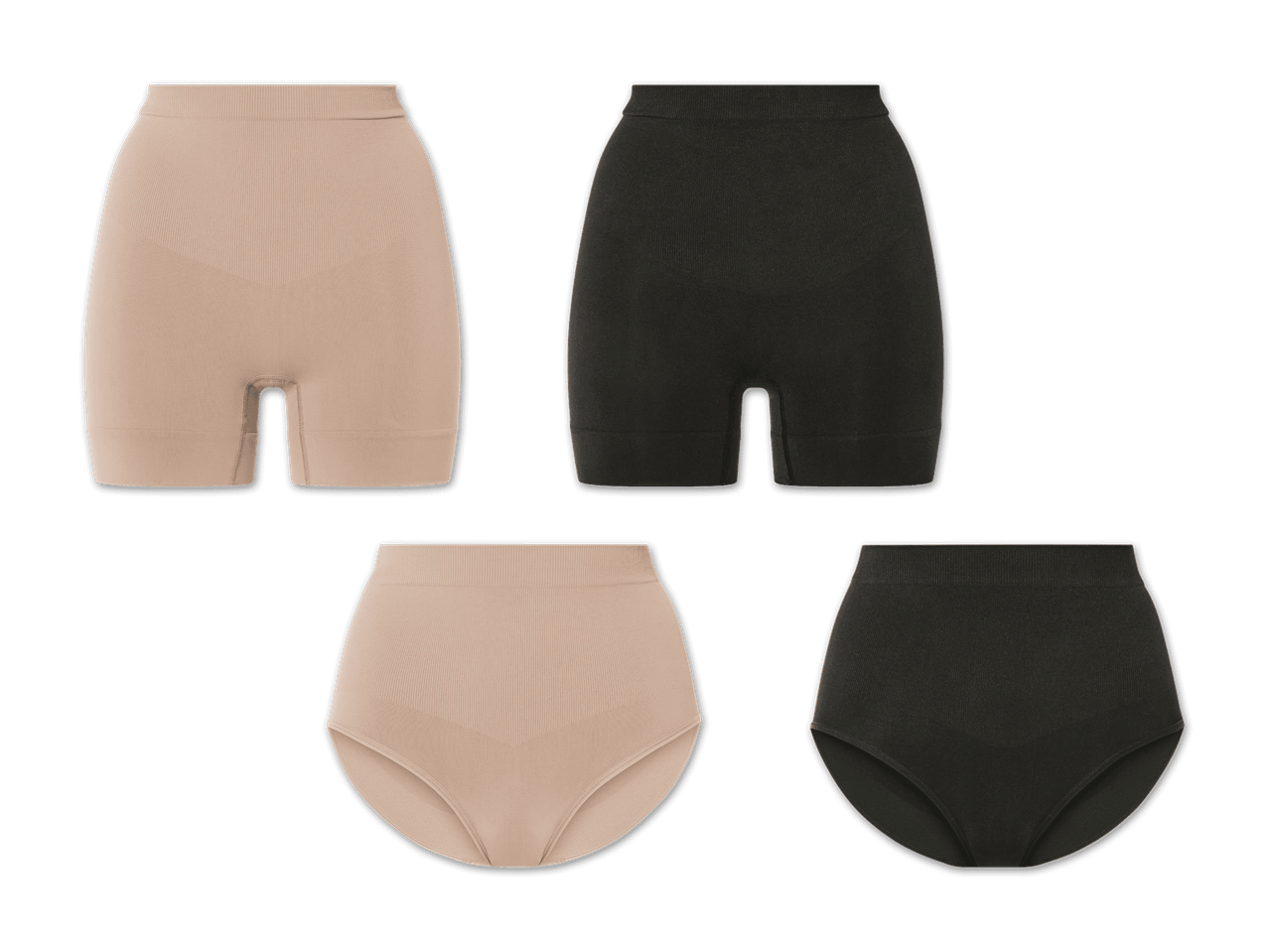 Zwei Paar Damen-Shorts in Beige und Schwarz, verschiedene Schnitte.