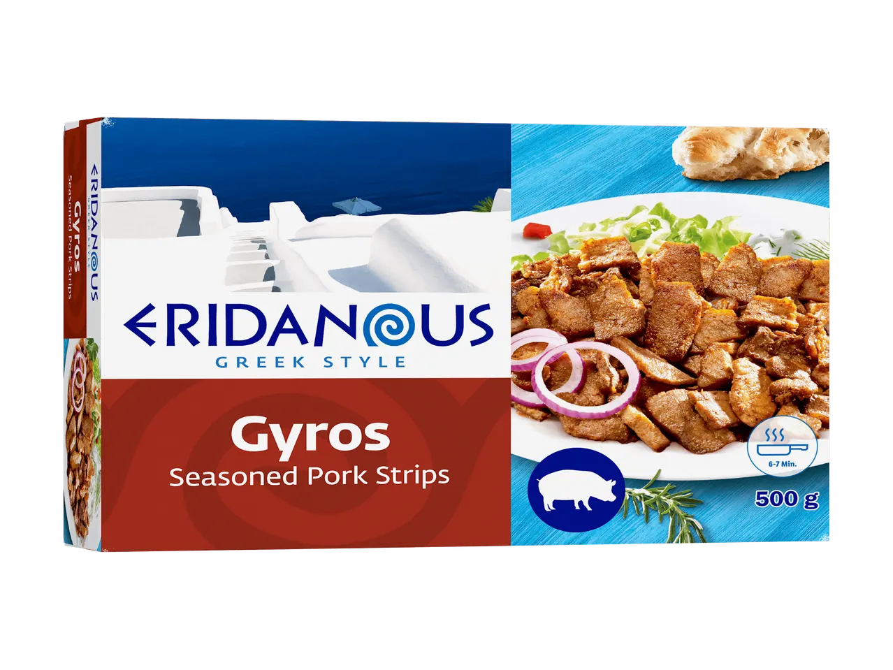 Gyros-maustettuja porsaanlihasuikaleita sisältävä pakkaus, jossa on kreikkalainen maisema ja valmis annos.