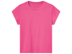 T-shirt rose uni pour femme avec col rond et manches courtes.
