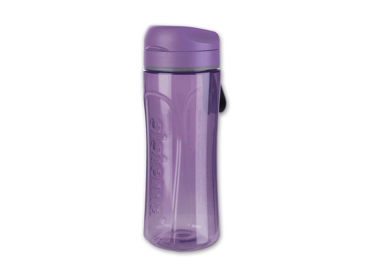 Lila Wasserflasche mit 'Sistema'-Logo auf schwarzem Hintergrund.