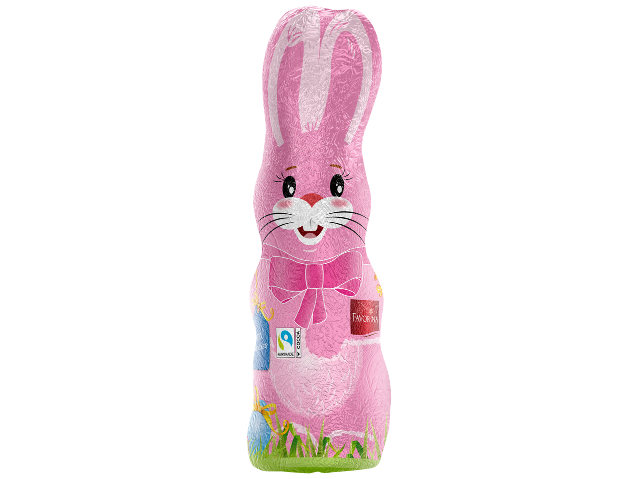 Favorina paashaas van chocolade in roze folie.