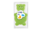 Un burete de baie Cien Kids în formă de ursuleț verde este prezentat în ambalajul său.
