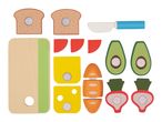 Wooden play food set with bread, cheese, vegetables, a cutting board, and a knife.
