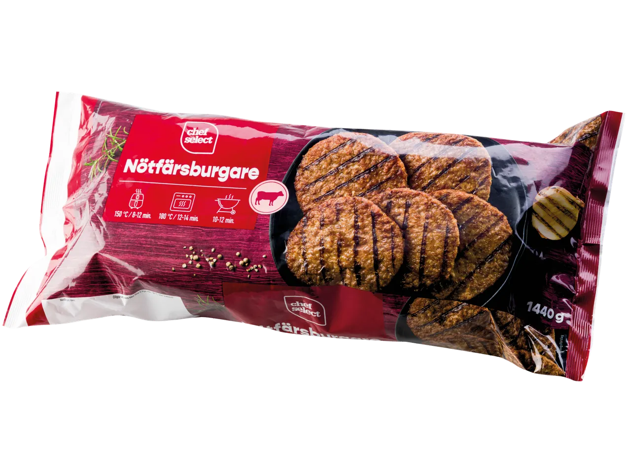 Förpackning med Chef Select nötfärsburgare (1440g).